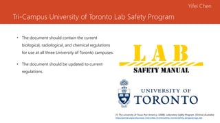 Tri-Campus University of Toronto Lab Safety Program
• The document should contain the current
biological, radiological, and chemical regulations
for use at all three University of Toronto campuses.
• The document should be updated to current
regulations.
Yifei Chen
[1] The university of Texas-Pan America. (2008). Laboratory Safety Program. [Online] Available:
http://portal.utpa.edu/utpa_main/dba_home/safety_home/safety_progs/progs_lab
 
