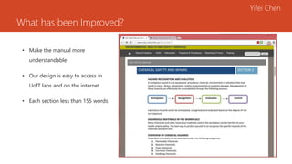 What has been Improved?
• Make the manual more
understandable
• Our design is easy to access in
UofT labs and on the internet
• Each section less than 155 words
Yifei Chen
 
