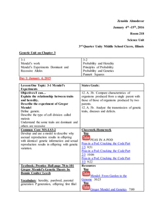 Zenaida Almodovar
January 4th -15th, 2016
Room 218
Science Unit
3rd Quarter Unity Middle School Cicero, Illinois
Generic Unit on Chapter 3
3-1
Mendel’s work
Mendel’s Experiments Dominant and
Recessive Alleles
3-2
Probability and Heredity
Principles of Probability
Probability and Genetics
Punnett Squares
Day 1: January 4, 2015
LessonOne Topic: 3-1 Mendel’s
Experiments
States Goals:
Objectives/I can…
Explain the relationship between traits
and heredity.
Describe the experiment of Gregor
Mendel
Define gamete.
Describe the type of cell division called
meiosis
Understand the some traits are dominant and
others are recessive
12. A. 3b. Compare characteristics of
organisms produced from a single parent with
those of those of organisms produced by two
parents.
12. A. 5b. Analyze the transmission of genetic
traits, diseases and defects.
Common Core MS-LS3-2
Develop and use a model to describe why
asexual reproduction results in offspring
with identical genetic information and sexual
reproduction results in offspring with genetic
variation.
Classwork-Homework
PEAS IN A POD
Peas in a Pod: Cracking the Code Part
1/3 9:51
Peas in a Pod: Cracking the Code Part
2/3 10:06
Peas in a Pod: Cracking the Code Part
3/3 9:22
Textbook: Prentice Hall page 78 to 101
Gregor Mendel’s Genetic Theory by
Bonnie Coulter Leech
Vocabulary: heredity, purebred, parental
generation P generation, offspring first filial
Resources
Mendel: From Garden to the
Genome 30:23
Gregor Mendel and Genetics 7:00
 