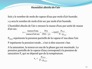 142
Humidité absolu de l’air
Soit y le nombre de mole de vapeur d’eau par mole d’air humide.
1-y sera le nombre de mole d’air sec par mole d’air humide.
L’humidité absolu de l’air x mesure la masse d’eau par unité de masse
d’air sec.
PH2O représente la pression partielle de la vapeur d ’eau dans l’air.
P représente la pression totale… c’est-à-dire souvent 1 bar.
A la saturation, la teneur en eau de la phase gaz est maximale. La
pression partielle de la vapeur d’eau correspond à la pression de
saturation Ps qui ne dépend que de la température.
OH
OH
2
2
pP
p
622,0
)y1(29
y18
secair'dmasse
eau'dmasse
x




OsH
OsH
s
2
2
pP
p
x


 