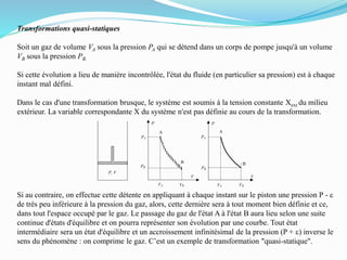 Transformations quasi-statiques
Soit un gaz de volume VA sous la pression PA qui se détend dans un corps de pompe jusqu'à un volume
VB sous la pression PB.
Si cette évolution a lieu de manière incontrôlée, l'état du fluide (en particulier sa pression) est à chaque
instant mal défini.
Dans le cas d'une transformation brusque, le système est soumis à la tension constante Xext du milieu
extérieur. La variable correspondante X du système n'est pas définie au cours de la transformation.
Si au contraire, on effectue cette détente en appliquant à chaque instant sur le piston une pression P - e
de très peu inférieure à la pression du gaz, alors, cette dernière sera à tout moment bien définie et ce,
dans tout l'espace occupé par le gaz. Le passage du gaz de l'état A à l'état B aura lieu selon une suite
continue d'états d'équilibre et on pourra représenter son évolution par une courbe. Tout état
intermédiaire sera un état d'équilibre et un accroissement infinitésimal de la pression (P + e) inverse le
sens du phénomène : on comprime le gaz. C’est un exemple de transformation "quasi-statique".
VB
B
P, V
A
VA
V
PA
PB
A
B
VA VB
V
PA
PB
P P
 