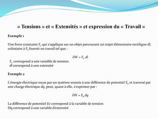 « Tensions » et « Extensités » et expression du « Travail »
Exemple 1
Une force constante Fe qui s'applique sur un objet parcourant un trajet élémentaire rectiligne dl,
colinéaire à Fe fournit un travail tel que :
dW = Fe dl
Fe correspond à une variable de tension.
dl correspond à une extensité
Exemple 2
L'énergie électrique reçue par un système soumis à une différence de potentiel Ee et traversé par
une charge électrique dq, peut, quant à elle, s'exprimer par :
dW = Ee dq
La différence de potentiel Ee correspond à la variable de tension
Dq correspond à une variable d’extensité
 