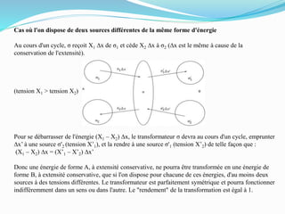 Cas où l'on dispose de deux sources différentes de la même forme d'énergie
Au cours d'un cycle, σ reçoit X1 Dx de σ1 et cède X2 Dx à σ2 (Dx est le même à cause de la
conservation de l'extensité).
(tension X1 > tension X2)
Pour se débarrasser de l'énergie (X1 – X2) Dx, le transformateur σ devra au cours d'un cycle, emprunter
Dx’ à une source σ'2 (tension X’1), et la rendre à une source σ'1 (tension X’2) de telle façon que :
(X1 – X2) Dx = (X’1 – X’2) Dx’
Donc une énergie de forme A, à extensité conservative, ne pourra être transformée en une énergie de
forme B, à extensité conservative, que si l'on dispose pour chacune de ces énergies, d'au moins deux
sources à des tensions différentes. Le transformateur est parfaitement symétrique et pourra fonctionner
indifféremment dans un sens ou dans l'autre. Le "rendement" de la transformation est égal à 1.
 