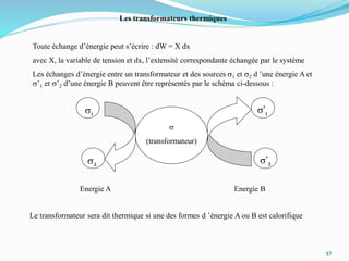 42
Les transformateurs thermiques
Toute échange d’énergie peut s’écrire : dW = X dx
avec X, la variable de tension et dx, l’extensité correspondante échangée par le système
Les échanges d’énergie entre un transformateur et des sources s1 et s2 d ’une énergie A et
s’1 et s’2 d’une énergie B peuvent être représentés par le schéma ci-dessous :
s1
s2
s’1
s
(transformateur)
s’2
Energie A Energie B
Le transformateur sera dit thermique si une des formes d ’énergie A ou B est calorifique
 
