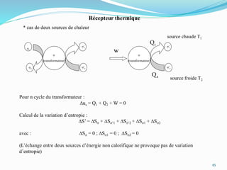 45
Récepteur thermique
* cas de deux sources de chaleur
s1
s2
s’1
s
(transformateur)
s’2
source chaude T1
s’1
s
(transformateur)
s’2
w
source froide T2
Q1
Q2
Pour n cycle du transformateur :
Dus = Q1 + Q2 + W = 0
Calcul de la variation d’entropie :
DS’ = DSs + DSs’1 + DSs’2 + DSs1 + DSs2
avec : DSs = 0 ; DSs1 = 0 ; DSs2 = 0
(L’échange entre deux sources d’énergie non calorifique ne provoque pas de variation
d’entropie)
 