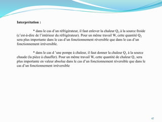 47
Interprétation :
* dans le cas d’un réfrigérateur, il faut enlever la chaleur Q2 à la source froide
(c’est-à-dire de l’intérieur du réfrigérateur). Pour un même travail W, cette quantité Q2
sera plus importante dans le cas d’un fonctionnement réversible que dans le cas d’un
fonctionnement irréversible.
* dans le cas d ’une pompe à chaleur, il faut donner la chaleur Q1 à la source
chaude (la pièce à chauffer). Pour un même travail W, cette quantité de chaleur Q1 sera
plus importante en valeur absolue dans le cas d’un fonctionnement réversible que dans le
cas d’un fonctionnement irréversible
 