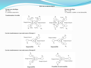 RESUME SCHEMATIQUE
Energie non calorifique Energie calorifique
dW=X dx dQrév = T dS
X : extensité conservative S : extensité « créable » et non destructible
Transformation réversible
Cas des transformateurs à une seule source d’énergie A
Cas des transformateurs à une seule source d’énergie B
 