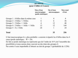AU FINAL
(pour 4 billes et 4 cases)
Nbre d’état Nbr d’états Nbre total
macroscopique microscopiques d’état
(poids statistique)
Groupe 1 : 4 billes dans la même case 1 4 4
Groupe 2 : 2 billes + 2 billes 6 6 36
Groupe 3 : 3 billes + 1 bille 4 12 48
Groupe 4 : 2 billes + 1 bille + 1 bille 12 12 144
Groupe 5 : 4 x 1 bille 24 1 24
Total 35 256
L’état macroscopique le « plus probable » consiste à répartir les 4 billes dans les 4
cases (poids statistique : W = 24)
En fait ce poids statistique ne représente que de l’ordre de 10 % de l’ensemble des
possibilités et nous aurons donc souvent un des états des groupes 4.
Par contre il sera improbable d’obtenir un état du groupe 1 (probabilité de 1/256)
 