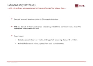 Extraordinary Revenues 
...with extraordinary revenues directed to the strengthening of the balance sheet... 
Successful outcome in lawsuit questioning the Cofins tax calculation base. 
PINE used the bulk of these funds to create extraordinary and additional provisions in various lines of its 
balance sheet, making it even more solid. 
Future Impacts: 
 Cofins tax calculation base is now smaller, yielding quarterly gross savings of around R$ 3.0 million. 
 Positive effect on the net working capital (current assets – current liabilities) 
Investor Relations | 2011 | 5/18 
 