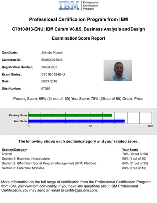 Professional Certification Program from IBM
C7010-013-ENU: IBM Cúram V6.0.5, Business Analysis and Design
Examination Score Report
Candidate: Jitendra Kumar
Candidate ID: IBM000045046
Registration Number: 304342885
Exam Series: C7010-013-ENU
Date: 08/27/2016
Site Number: 67367
Passing Score: 68% (34 out of 50) Your Score: 78% (39 out of 50) Grade: Pass
The following shows each section/category and your related score.
Section/Category Your Score
Overall 78% (39 out of 50)
Section 1: Business Infrastructure 90% (9 out of 10)
Section 2: IBM Cúram Social Program Management (SPM) Platform 84% (21 out of 25)
Section 3: Enterprise Modules 60% (9 out of 15)
More information on the full range of certification from the Professional Certification Program
from IBM, visit www.ibm.com/certify. If you have any questions about IBM Professional
Certification, you may send an email to certify@us.ibm.com.
Passing Score
Your Score
0 50 100
 