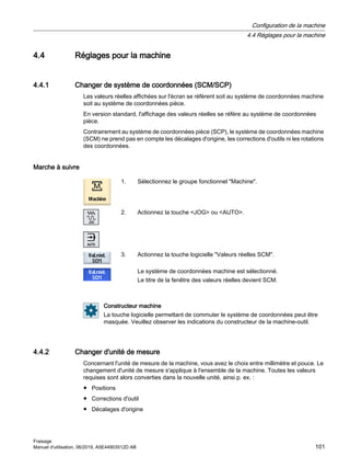 4.4 Réglages pour la machine
4.4.1 Changer de système de coordonnées (SCM/SCP)
Les valeurs réelles affichées sur l'écran se réfèrent soit au système de coordonnées machine
soit au système de coordonnées pièce.
En version standard, l'affichage des valeurs réelles se réfère au système de coordonnées
pièce.
Contrairement au système de coordonnées pièce (SCP), le système de coordonnées machine
(SCM) ne prend pas en compte les décalages d'origine, les corrections d'outils ni les rotations
des coordonnées.
Marche à suivre
1. Sélectionnez le groupe fonctionnel Machine.
2. Actionnez la touche JOG ou AUTO.
3. Actionnez la touche logicielle Valeurs réelles SCM.
Le système de coordonnées machine est sélectionné.
Le titre de la fenêtre des valeurs réelles devient SCM.
Constructeur machine
La touche logicielle permettant de commuter le système de coordonnées peut être
masquée. Veuillez observer les indications du constructeur de la machine-outil.
4.4.2 Changer d'unité de mesure
Concernant l'unité de mesure de la machine, vous avez le choix entre millimètre et pouce. Le
changement d'unité de mesure s'applique à l'ensemble de la machine. Toutes les valeurs
requises sont alors converties dans la nouvelle unité, ainsi p. ex. :
● Positions
● Corrections d'outil
● Décalages d'origine
Configuration de la machine
4.4 Réglages pour la machine
Fraisage
Manuel d'utilisation, 06/2019, A5E44903512D AB 101
 