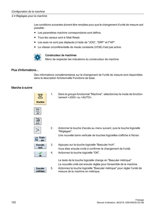 Les conditions suivantes doivent être remplies pour que le changement d'unité de mesure soit
possible :
● Les paramètres machine correspondants sont définis.
● Tous les canaux sont à l'état Reset.
● Les axes ne sont pas déplacés à l'aide de JOG, DRF et l'AP.
● La vitesse circonférentielle de meule constante (VCM) n'est pas active.
Constructeur de machines
Merci de respecter les indications du constructeur de machine.
Plus d'informations...
Des informations complémentaires sur le changement de l'unité de mesure sont disponibles
dans la description fonctionnelle Fonctions de base.
Marche à suivre
1. Dans le groupe fonctionnel Machine, sélectionnez le mode de fonction‐
nement JOG ou AUTO.
2. Actionner la touche d'accès au menu suivant, puis la touche logicielle
Réglages.
Une nouvelle barre verticale de touches logicielles s'affiche à l'écran.
3. Appuyez sur la touche logicielle Basculer Inch.
Vous êtes ensuite invité à confirmer le changement de l'unité.
4. Actionnez la touche logicielle OK.
Le texte de la touche logicielle change en Basculer métrique
La nouvelle unité est ensuite réglée pour l'ensemble de la machine.
5. Actionnez la touche logicielle Basculer métrique pour régler l'unité de
mesure de la machine en métrique.
Configuration de la machine
4.4 Réglages pour la machine
Fraisage
102 Manuel d'utilisation, 06/2019, A5E44903512D AB
 