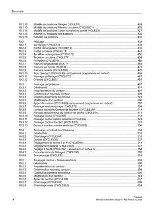 10.1.12 Modèle de positions Rangée (HOLES1)..............................................................................424
10.1.13 Modèle de positions Réseau ou cadre (CYCLE801) ...........................................................425
10.1.14 Modèle de positions Cercle complet ou partiel (HOLES2)...................................................427
10.1.15 Afficher ou masquer des positions.......................................................................................430
10.1.16 Répéter les positions............................................................................................................432
10.2 Fraisage ...............................................................................................................................433
10.2.1 Surfaçage (CYCLE61) .........................................................................................................433
10.2.2 Poche rectangulaire (POCKET3).........................................................................................435
10.2.3 Poche circulaire (POCKET4) ...............................................................................................442
10.2.4 Tourillon rectangulaire (CYCLE76) ......................................................................................450
10.2.5 Tourillon circulaire (CYCLE77).............................................................................................454
10.2.6 Polygone (CYCLE79)...........................................................................................................459
10.2.7 Rainure longitudinale (SLOT1).............................................................................................463
10.2.8 Rainure sur cercle (SLOT2) .................................................................................................470
10.2.9 Rainure ouverte (CYCLE899) ..............................................................................................476
10.2.10 Trou oblong (LONGHOLE) - uniquement programmes en code G......................................485
10.2.11 Fraisage de filetage (CYCLE70) ..........................................................................................487
10.2.12 Gravure (CYCLE60).............................................................................................................491
10.3 Fraisage périphérique ..........................................................................................................497
10.3.1 Généralités...........................................................................................................................497
10.3.2 Représentation du contour...................................................................................................497
10.3.3 Création d'un nouveau contour ............................................................................................499
10.3.4 Création d'éléments de contour ...........................................................................................501
10.3.5 Modification d'un contour .....................................................................................................506
10.3.6 Appel de contour (CYCLE62) - uniquement programmes en code G..................................507
10.3.7 Fraisage en contournage (CYCLE72)..................................................................................508
10.3.8 Contour de poche/Contour de tourillon (CYCLE63/64)........................................................513
10.3.9 Perçage d'avant-trous du contour de poche (CYCLE64).....................................................515
10.3.10 Fraisage poche (CYCLE63).................................................................................................518
10.3.11 Fraisage poche matière restante (CYCLE63)......................................................................524
10.3.12 Fraisage contour tourillon (CYCLE63) .................................................................................525
10.3.13 Contour tourillon matière restante (CYCLE63) ....................................................................530
10.4 Tournage - combiné tour-fraiseuse......................................................................................532
10.4.1 Généralités...........................................................................................................................532
10.4.2 Chariotage (CYCLE951) ......................................................................................................532
10.4.3 Gorges (CYCLE930)............................................................................................................537
10.4.4 Dégagement de forme E et F (CYCLE940) .........................................................................541
10.4.5 Dégagement filetage (CYCLE940).......................................................................................547
10.4.6 Filetage à l'outil (CYCLE99) - seulement en codes G..........................................................554
10.4.7 Concaténation de filetages (CYCLE98) ...............................................................................582
10.4.8 Tronçonnage (CYCLE92).....................................................................................................591
10.5 Tournage contour - Fraiseuses/tours...................................................................................596
10.5.1 Généralités...........................................................................................................................596
10.5.2 Représentation du contour...................................................................................................597
10.5.3 Création d'un nouveau contour ............................................................................................598
10.5.4 Création d'éléments de contour ...........................................................................................600
10.5.5 Modification d'un contour .....................................................................................................606
10.5.6 Appel de contour (CYCLE62)...............................................................................................607
10.5.7 Chariotage (CYCLE952) ......................................................................................................609
10.5.8 Chariotage reste (CYCLE952) .............................................................................................624
Sommaire
Fraisage
14 Manuel d'utilisation, 06/2019, A5E44903512D AB
 