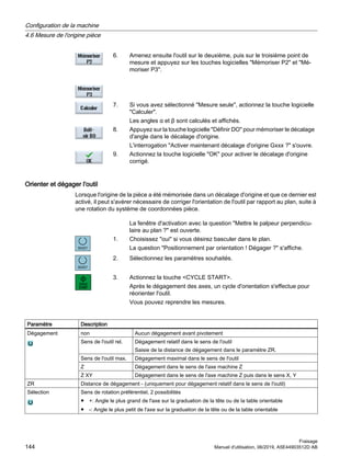 6. Amenez ensuite l'outil sur le deuxième, puis sur le troisième point de
mesure et appuyez sur les touches logicielles Mémoriser P2 et Mé‐
moriser P3.
7. Si vous avez sélectionné Mesure seule, actionnez la touche logicielle
Calculer.
Les angles α et β sont calculés et affichés.
8. Appuyez sur la touche logicielle Définir DO pour mémoriser le décalage
d'angle dans le décalage d'origine.
L'interrogation Activer maintenant décalage d'origine Gxxx ? s'ouvre.
9. Actionnez la touche logicielle OK pour activer le décalage d'origine
corrigé.
Orienter et dégager l'outil
Lorsque l'origine de la pièce a été mémorisée dans un décalage d'origine et que ce dernier est
activé, il peut s'avérer nécessaire de corriger l'orientation de l'outil par rapport au plan, suite à
une rotation du système de coordonnées pièce.
La fenêtre d'activation avec la question Mettre le palpeur perpendicu‐
laire au plan ? est ouverte.
1. Choisissez oui si vous désirez basculer dans le plan.
La question Positionnement par orientation ! Dégager ? s'affiche.
2. Sélectionnez les paramètres souhaités.
3. Actionnez la touche CYCLE START.
Après le dégagement des axes, un cycle d'orientation s'effectue pour
réorienter l'outil.
Vous pouvez reprendre les mesures.
Paramètre Description
Dégagement non Aucun dégagement avant pivotement
Sens de l'outil rel. Dégagement relatif dans le sens de l'outil
Saisie de la distance de dégagement dans le paramètre ZR.
Sens de l'outil max. Dégagement maximal dans le sens de l'outil
Z Dégagement dans le sens de l'axe machine Z
Z XY Dégagement dans le sens de l'axe machine Z puis dans le sens X, Y
ZR Distance de dégagement - (uniquement pour dégagement relatif dans le sens de l'outil)
Sélection Sens de rotation préférentiel, 2 possibilités
● +: Angle le plus grand de l'axe sur la graduation de la tête ou de la table orientable
● -: Angle le plus petit de l'axe sur la graduation de la tête ou de la table orientable
Configuration de la machine
4.6 Mesure de l'origine pièce
Fraisage
144 Manuel d'utilisation, 06/2019, A5E44903512D AB
 