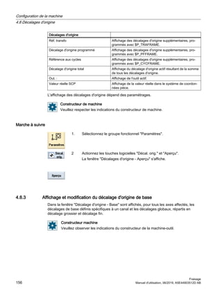 Décalages d'origine
Réf. transfo Affichage des décalages d'origine supplémentaires, pro‐
grammés avec $P_TRAFRAME.
Décalage d'origine programmé Affichage des décalages d'origine supplémentaires, pro‐
grammés avec $P_PFFRAME.
Référence aux cycles Affichage des décalages d'origine supplémentaires, pro‐
grammés avec $P_CYCFRAME.
Décalage d'origine total Affichage du décalage d'origine actif résultant de la somme
de tous les décalages d'origine.
Out. : Affichage de l'outil actif.
Valeur réelle SCP Affichage de la valeur réelle dans le système de coordon‐
nées pièce.
L'affichage des décalages d'origine dépend des paramétrages.
Constructeur de machine
Veuillez respecter les indications du constructeur de machine.
Marche à suivre
1. Sélectionnez le groupe fonctionnel Paramètres.
2 Actionnez les touches logicielles Décal. orig. et Aperçu.
La fenêtre Décalages d'origine - Aperçu s'affiche.
4.8.3 Affichage et modification du décalage d'origine de base
Dans la fenêtre Décalage d'origine - Base sont affichés, pour tous les axes affectés, les
décalages de base définis spécifiques à un canal et les décalages globaux, répartis en
décalage grossier et décalage fin.
Constructeur machine
Veuillez observer les indications du constructeur de la machine-outil.
Configuration de la machine
4.8 Décalages d'origine
Fraisage
156 Manuel d'utilisation, 06/2019, A5E44903512D AB
 