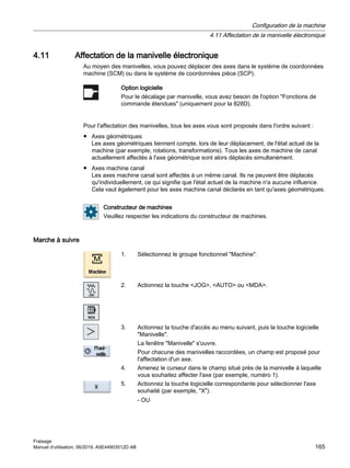 4.11 Affectation de la manivelle électronique
Au moyen des manivelles, vous pouvez déplacer des axes dans le système de coordonnées
machine (SCM) ou dans le système de coordonnées pièce (SCP).
Option logicielle
Pour le décalage par manivelle, vous avez besoin de l'option Fonctions de
commande étendues (uniquement pour la 828D).
Pour l'affectation des manivelles, tous les axes vous sont proposés dans l'ordre suivant :
● Axes géométriques
Les axes géométriques tiennent compte, lors de leur déplacement, de l'état actuel de la
machine (par exemple, rotations, transformations). Tous les axes de machine de canal
actuellement affectés à l'axe géométrique sont alors déplacés simultanément.
● Axes machine canal
Les axes machine canal sont affectés à un même canal. Ils ne peuvent être déplacés
qu'individuellement, ce qui signifie que l'état actuel de la machine n'a aucune influence.
Cela vaut également pour les axes machine canal déclarés en tant qu'axes géométriques.
Constructeur de machines
Veuillez respecter les indications du constructeur de machines.
Marche à suivre
1. Sélectionnez le groupe fonctionnel Machine.
2. Actionnez la touche JOG, AUTO ou MDA.
3. Actionnez la touche d'accès au menu suivant, puis la touche logicielle
Manivelle.
La fenêtre Manivelle s'ouvre.
Pour chacune des manivelles raccordées, un champ est proposé pour
l'affectation d'un axe.
4. Amenez le curseur dans le champ situé près de la manivelle à laquelle
vous souhaitez affecter l'axe (par exemple, numéro 1).
5. Actionnez la touche logicielle correspondante pour sélectionner l'axe
souhaité (par exemple, X).
- OU
Configuration de la machine
4.11 Affectation de la manivelle électronique
Fraisage
Manuel d'utilisation, 06/2019, A5E44903512D AB 165
 