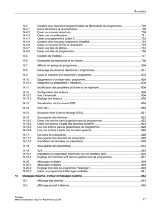 14.4 Création d'un répertoire/programme/liste de tâches/liste de programmes...........................790
14.4.1 Noms de fichiers et de répertoires .......................................................................................790
14.4.2 Créer un nouveau répertoire................................................................................................790
14.4.3 Créer une nouvelle pièce .....................................................................................................791
14.4.4 Créer un programme à codes G ..........................................................................................792
14.4.5 Création d'un nouveau programme ShopMill.......................................................................792
14.4.6 Créer un nouveau fichier si nécessaire................................................................................793
14.4.7 Créer une liste de tâches .....................................................................................................794
14.4.8 Créer une liste de programmes............................................................................................796
14.5 Création de modèles............................................................................................................797
14.6 Recherche de répertoires et de fichiers ...............................................................................798
14.7 Afficher un aperçu du programme........................................................................................800
14.8 Marquage de plusieurs répertoires / programmes ...............................................................801
14.9 Copie et insertion d'un répertoire / programme....................................................................803
14.10 Suppression d'un répertoire / programme............................................................................805
14.10.1 Supprimer un programme / répertoire..................................................................................805
14.11 Modification des propriétés de fichier et de répertoire .........................................................806
14.12 Configuration des lecteurs ...................................................................................................808
14.12.1 Vue d’ensemble ...................................................................................................................808
14.12.2 Réglage des lecteurs ...........................................................................................................808
14.13 Visualisation de documents PDF .........................................................................................816
14.14 EXTCALL .............................................................................................................................819
14.15 Execution from External Storage (EES)...............................................................................821
14.16 Sauvegarde des données ....................................................................................................822
14.16.1 Créer une archive dans le gestionnaire de programmes .....................................................822
14.16.2 Créer une archive à l'aide des données système ................................................................823
14.16.3 Lire une archive dans le gestionnaire de programmes ........................................................825
14.16.4 Lire une archive à partir des données système ...................................................................826
14.17 Données de préparation.......................................................................................................828
14.17.1 Sauvegarde des données de préparation............................................................................828
14.17.2 Importation de données de préparation ...............................................................................830
14.18 Sauvegarde des paramètres................................................................................................832
14.19 V24.......................................................................................................................................835
14.19.1 Importation et exportation d'archives via une interface série ...............................................835
14.19.2 Réglage de l'interface V24 dans le gestionnaire de programmes........................................837
14.20 Ablocages multiples .............................................................................................................839
14.20.1 Ablocages multiples .............................................................................................................839
14.20.2 Réglage d'en-tête de programme "Ablocage"......................................................................840
14.20.3 Créer un programme d'ablocages multiples.........................................................................841
15 Messages d'alarme, d'erreur et messages système ................................................................................843
15.1 Affichage des alarmes..........................................................................................................843
15.2 Affichage journal d'alarmes..................................................................................................846
Sommaire
Fraisage
Manuel d'utilisation, 06/2019, A5E44903512D AB 17
 