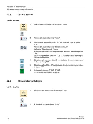 5.2.2 Sélection de l'outil
Marche à suivre
1. Sélectionnez le mode de fonctionnement JOG.
2. Actionnez la touche logicielle T,S,M.
3. Introduisez le nom ou le numéro de l'outil T dans la zone de saisie.
- OU -
Actionnez la touche logicielle Sélectionner outil.
La fenêtre Sélection outil s'ouvre.
Positionnez le curseur sur l'outil souhaité et actionnez la touche logicielle
OK.
L'outil est reporté dans la fenêtre T, S, M... et affiché dans le champ T
des paramètres d'outil.
4. Sélectionnez le tranchant d'outil D ou introduisez directement son numé‐
ro dans le champ D.
5. Sélectionnez l'outil frère ST ou introduisez directement son numéro dans
le champ ST.
6. Actionnez la touche CYCLE START.
L'outil est mis en place sur la broche.
5.2.3 Démarrer et arrêter la broche
Marche à suivre
1. Sélectionnez le mode de fonctionnement JOG.
2. Actionnez la touche logicielle T,S,M.
Travailler en mode manuel
5.2 Sélection de l'outil et de la broche
Fraisage
174 Manuel d'utilisation, 06/2019, A5E44903512D AB
 
