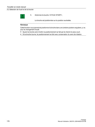 5. Actionnez la touche CYCLE START.
La broche est positionnée sur la position souhaitée.
Remarque
Cette fonction vous permet de positionner la broche dans une certaine position angulaire, p. ex.
pour le changement d'outil.
● Quand la broche est à l'arrêt, le positionnement se fait par le chemin le plus court.
● Si la broche tourne, le positionnement se fait avec conservation du sens de rotation.
Travailler en mode manuel
5.2 Sélection de l'outil et de la broche
Fraisage
176 Manuel d'utilisation, 06/2019, A5E44903512D AB
 
