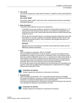 ● Plan orienté
Vous pouvez programmer un plan incliné nouveau ou additif à un plan orienté déjà actif.
Remarque
Plan orienté additif
Pour le plan orienté additif, l'ajout doit se faire uniquement dans le bloc de paramètres
d'orientation déjà actif.
● Mode d'orientation
L'orientation peut s'effectuer axe par axe ou directement.
– L'orientation axe par axe se réfère au système de coordonnées de la pièce (X, Y, Z).
Vous pouvez choisir librement l'ordre des axes. Les rotations sont appliquées dans
l'ordre que vous avez choisi. Cette situation permet de calculer la rotation des deux axes
rotatifs (A, B ou C).
– Dans le cas d'une orientation directe, vous indiquez la position désirée pour chacun des
axes rotatifs. Un nouveau système de coordonnées adéquat est alors calculé. L'axe
d'outil est orienté dans le sens Z. Pour connaître le sens résultant des axes X et Y,
déplacez ces axes.
Remarque
Reportez-vous aux vues d'aide pour connaître le sens positif de la rotation dans les
différentes variantes d'orientation.
● Sens
Sens correspond au paramètre _DIR du CYCLE800.
Dans les systèmes d'orientation à 2 axes de rotation, vous avez éventuellement deux
possibilités pour accéder à un plan donné. Le paramètre Sens vous permet de choisir
entre deux positions différentes. Dans ce cas, +/- correspond à la valeur la plus élevée ou
la plus basse d'un axe rotatif. Cela peut avoir des répercussions sur la zone de travail.
L'axe rotatif pour lequel il est possible de choisir entre deux positions est défini dans le
paramètre Sens à la mise en service du bloc de données d'orientation.
Si une des deux poses ne peut être atteinte pour des raisons liées à la cinématique de la
machine, l'autre pose est sélectionnée automatiquement, indépendamment du réglage
effectué dans le paramètre Sens.
Constructeur de machines
Veuillez respecter les indications du constructeur de machines.
● Poursuite d'outil
Outil correspond au paramètre _ST=1x (poursuite pointe de l'outil) du CYCLE800.
Afin d'éviter des collisions, vous pouvez conserver la position de la pointe de l'outil lors de
l'orientation en utilisant la transformation 5 axes (option logicielle).
A la mise en service de la fonction Orientation en manuel par le constructeur de machines,
il est nécessaire de désactiver Asservissement de l'outil.
Constructeur de machines
Veuillez respecter les indications du constructeur de machines.
Travailler en mode manuel
5.5 Orientation
Fraisage
Manuel d'utilisation, 06/2019, A5E44903512D AB 181
 