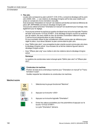 ● Plan zéro
Le plan zéro correspond au plan outil (G17, G18, G19), y compris le décalage actif du point
zéro (G500, G54, ...). Les rotations du décalage d'origine actif et des axes rotatifs sont
prises en compte lors d'une orientation manuelle.
Avec la fonction Orientation en manuel, les rotations sont écrites soit dans la référence de
pièce ($P_WPFRAME) soit dans le décalage d'origine actif.
Vous pouvez utiliser la fonction Orientation en manuel non seulement pour l'usinage, mais
également pour le réglage.
– Vous pouvez amener la machine en position de départ avec la touche logicielle Position
de base et la touche CYCLE START. Si le décalage d'origine courant ne renferme
pas de rotation, les axes rotatifs du bloc de données d'orientation rallieront l'origine.
L'outil se trouve perpendiculaire au plan d'usinage.
Si vous souhaitez utiliser le plan actuellement orienté comme plan de référence pour
régler la pièce, vous devez déclarer ce plan comme étant le plan zéro.
– Avec Définir plan zéro, vous enregistrez le plan orienté courant comme plan zéro dans
le décalage d'origine activé. Vous écrasez de ce fait les rotations figurant dans le
décalage d'origine activé.
– Avec Effacer plan orig vous mettez à zéro les rotations dans le décalage d'origine
activé.
Remarque
Le système de coordonnées reste inchangé après Définir plan zéro et Effacer plan
zéro.
Constructeur de machines
Position de base de la cinématique machine pour Orientation en manuel et Trans‐
formation 5 axes.
Veuillez respecter les indications du constructeur de machines.
Marche à suivre
1. Sélectionnez le groupe fonctionnel Machine.
2. Appuyez sur la touche JOG
3. Appuyez sur la touche logicielle Orientation.
4. Entrez les valeurs souhaitées pour les paramètres et appuyez sur la
touche CYCLE START.
Le cycle Orientation démarre.
Travailler en mode manuel
5.5 Orientation
Fraisage
182 Manuel d'utilisation, 06/2019, A5E44903512D AB
 