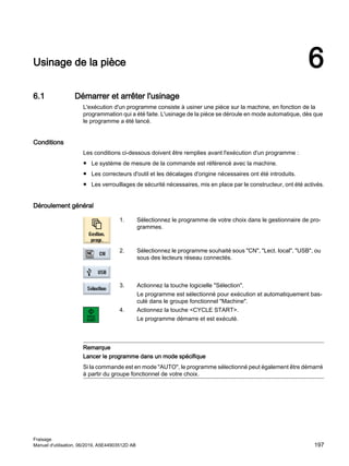 Usinage de la pièce 6
6.1 Démarrer et arrêter l'usinage
L'exécution d'un programme consiste à usiner une pièce sur la machine, en fonction de la
programmation qui a été faite. L'usinage de la pièce se déroule en mode automatique, dès que
le programme a été lancé.
Conditions
Les conditions ci-dessous doivent être remplies avant l'exécution d'un programme :
● Le système de mesure de la commande est référencé avec la machine.
● Les correcteurs d'outil et les décalages d'origine nécessaires ont été introduits.
● Les verrouillages de sécurité nécessaires, mis en place par le constructeur, ont été activés.
Déroulement général
1. Sélectionnez le programme de votre choix dans le gestionnaire de pro‐
grammes.
2. Sélectionnez le programme souhaité sous CN, Lect. local, USB, ou
sous des lecteurs réseau connectés.
3. Actionnez la touche logicielle Sélection.
Le programme est sélectionné pour exécution et automatiquement bas‐
culé dans le groupe fonctionnel Machine.
4. Actionnez la touche CYCLE START.
Le programme démarre et est exécuté.
Remarque
Lancer le programme dans un mode spécifique
Si la commande est en mode AUTO, le programme sélectionné peut également être démarré
à partir du groupe fonctionnel de votre choix.
Fraisage
Manuel d'utilisation, 06/2019, A5E44903512D AB 197
 