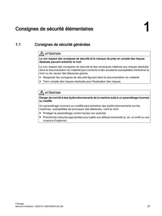Consignes de sécurité élémentaires 1
1.1 Consignes de sécurité générales
ATTENTION
Le non respect des consignes de sécurité et le manque de prise en compte des risques
résiduels peuvent entraîner la mort
Le non respect des consignes de sécurité et des remarques relatives aux risques résiduels
dans la documentation du matériel peut conduire à des accidents susceptibles d'entraîner la
mort ou de causer des blessures graves.
● Respecter les consignes de sécurité figurant dans la documentation du matériel.
● Tenir compte des risques résiduels pour l'évaluation des risques.
ATTENTION
Danger de mort lié à des dysfonctionnements de la machine suite à un paramétrage incorrect
ou modifié
Un paramétrage incorrect ou modifié peut entraîner des dysfonctionnements sur les
machines, susceptibles de provoquer des blessures, voire la mort.
● Protéger le paramétrage contre l'accès non autorisé.
● Prendre les mesures appropriées pour palier aux défauts éventuels (p. ex. un arrêt ou une
coupure d'urgence).
Fraisage
Manuel d'utilisation, 06/2019, A5E44903512D AB 21
 