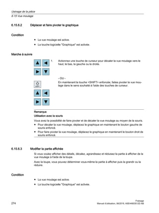 6.15.6.2 Déplacer et faire pivoter le graphique
Condition
● La vue moulage est active.
● La touche logicielle Graphique est activée.
Marche à suivre
1. Actionnez une touche de curseur pour décaler la vue moulage vers le
haut, le bas, la gauche ou la droite.
- OU -
En maintenant la touche SHIFT enfoncée, faites pivoter la vue mou‐
lage dans le sens souhaité à l'aide des touches de curseur.
Remarque
Utilisation avec la souris
Vous avez la possibilité de faire pivoter et de décaler la vue moulage au moyen de la souris.
● Pour décaler la vue moulage, déplacez le graphique en maintenant le bouton gauche de
souris enfoncé.
● Pour faire pivoter la vue moulage, déplacez le graphique en maintenant le bouton droit de
souris enfoncé.
6.15.6.3 Modifier la partie affichée
Si vous voulez afficher des détails, décalez, agrandissez et réduisez la partie à afficher de la
vue moulage à l'aide de la loupe.
Avec la loupe, vous pouvez déterminer vous-même la partie à afficher puis la grandir ou la
réduire.
Condition
● La vue moulage est active.
● La touche logicielle Graphique est activée.
Usinage de la pièce
6.15 Vue moulage
Fraisage
274 Manuel d'utilisation, 06/2019, A5E44903512D AB
 