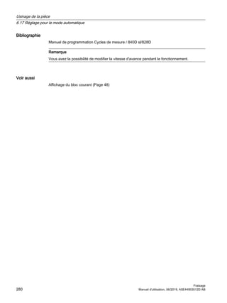 Bibliographie
Manuel de programmation Cycles de mesure / 840D sl/828D
Remarque
Vous avez la possibilité de modifier la vitesse d'avance pendant le fonctionnement.
Voir aussi
Affichage du bloc courant (Page 48)
Usinage de la pièce
6.17 Réglage pour le mode automatique
Fraisage
280 Manuel d'utilisation, 06/2019, A5E44903512D AB
 