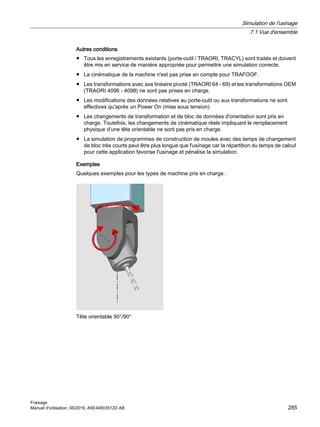 Autres conditions
● Tous les enregistrements existants (porte-outil / TRAORI, TRACYL) sont traités et doivent
être mis en service de manière appropriée pour permettre une simulation correcte.
● La cinématique de la machine n'est pas prise en compte pour TRAFOOF.
● Les transformations avec axe linéaire pivoté (TRAORI 64 - 69) et les transformations OEM
(TRAORI 4096 - 4098) ne sont pas prises en charge.
● Les modifications des données relatives au porte-outil ou aux transformations ne sont
effectives qu'après un Power On (mise sous tension).
● Les changements de transformation et de bloc de données d'orientation sont pris en
charge. Toutefois, les changements de cinématique réels impliquant le remplacement
physique d'une tête orientable ne sont pas pris en charge.
● La simulation de programmes de construction de moules avec des temps de changement
de bloc très courts peut être plus longue que l'usinage car la répartition du temps de calcul
pour cette application favorise l'usinage et pénalise la simulation.
Exemples
Quelques exemples pour les types de machine pris en charge :
Tête orientable 90°/90°
Simulation de l'usinage
7.1 Vue d'ensemble
Fraisage
Manuel d'utilisation, 06/2019, A5E44903512D AB 285
 