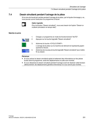 7.4 Dessin simultané pendant l'usinage de la pièce
Si la zone de travail est cachée pendant l'usinage de la pièce, par le liquide d'arrosage p. ex.,
vous pouvez suivre l'exécution du programme à l'écran.
Option logicielle
Pour la fonction Dessin simultané, vous avez besoin de l'option Dessin si‐
multané (simulation en temps réel).
Marche à suivre
1. Chargez un programme en mode de fonctionnement AUTO.
2. Appuyez sur la touche logicielle Dessin simultané.
3. Actionnez la touche CYCLE START.
L'usinage de la pièce sur la machine est démarré et représenté graphi‐
quement à l'écran.
4. Actionnez de nouveau la touche logicielle Dessin simultané pour mettre
fin au dessin.
Remarque
● Si vous activez le dessin simultané après le traitement des informations sur les pièces
brutes dans le programme, seuls les déplacements et outils sont montrés.
● Si vous désactivez le dessin simultané pendant l'usinage avant de réactiver cette fonction
ultérieurement, les déplacements générés entre-temps ne vous seront pas montrés.
Simulation de l'usinage
7.4 Dessin simultané pendant l'usinage de la pièce
Fraisage
Manuel d'utilisation, 06/2019, A5E44903512D AB 291
 