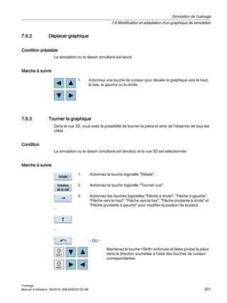 7.8.2 Déplacer graphique
Condition préalable
La simulation ou le dessin simultané est lancé.
Marche à suivre
1. Actionnez une touche de curseur pour décaler le graphique vers le haut,
le bas, la gauche ou la droite.
7.8.3 Tourner le graphique
Dans la vue 3D, vous avez la possibilité de tourner la pièce et ainsi de l'observer de tous les
côtés.
Condition
La simulation ou le dessin simultané est lancé(e) et la vue 3D est sélectionnée.
Marche à suivre
1. Actionnez la touche logicielle Détails.
2. Actionnez la touche logicielle Tourner vue.
...
...
3. Actionnez les touches logicielles Flèche à droite, Flèche à gauche,
Flèche vers le haut, Flèche vers le bas, Flèche pivotante à droite et
Flèche pivotante à gauche pour modifier la position de la pièce.
- OU -
Maintenez la touche Shift enfoncée et faites pivoter la pièce
dans la direction souhaitée à l'aide des touches de curseur
correspondantes.
Simulation de l'usinage
7.8 Modification et adaptation d'un graphique de simulation
Fraisage
Manuel d'utilisation, 06/2019, A5E44903512D AB 301
 