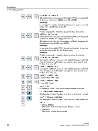 CTRL + ALT + C
Génération d'une archive standard complète (.ARC) sur un support
de données externe (clé USB) (pour 840D sl/828D).
Remarque :
La sauvegarde complète via cette combinaison de touches convient
uniquement à des fins de diagnostic.
Remarque :
Veuillez respecter les indications du constructeur de machine.
 
CTRL + ALT + S
Génération d'une archive standard complète (.ARC) sur un support
de données externe (clé USB) (pour 840D sl).
Génération d'une Easy Archive complète (.ARD) sur un support de
données externe (clé USB) (pour 828D).
Remarque :
La sauvegarde complète (.ARC) via cette combinaison de touches
convient uniquement à des fins de diagnostic.
Remarque :
Veuillez respecter les indications du constructeur de machine.
 
CTRL + ALT + D
Sauvegarde les fichiers journaux sur la clé USB. Si aucune clé USB
n'est connectée, les fichiers sont sauvegardés dans la zone cons‐
tructeur de la carte CF.
 
SHIFT + ALT + D
Sauvegarde les fichiers journaux sur la clé USB. Si aucune clé USB
n'est connectée, les fichiers sont sauvegardés dans la zone cons‐
tructeur de la carte CF.
 
SHIFT + ALT + T
Lancement de HMI Trace.
 
SHIFT + ALT + T
Fin de HMI Trace.

ALT + S
Ouverture de l'éditeur pour la saisie de caractères asiatiques.

ALT + Curseur vers le haut
Décalage dans l'éditeur du début et/ou de la fin du bloc vers le haut.

ALT + Curseur vers le bas
Décalage dans l'éditeur du début et/ou de la fin du bloc vers le bas.
DEL
● Champ d'édition
Effacement du premier caractère à droite du curseur.
● Navigation
Effacement de tous les caractères.
Introduction
2.2 Pupitres opérateur
Fraisage
34 Manuel d'utilisation, 06/2019, A5E44903512D AB
 