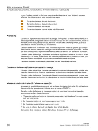 rayon d'outil est modale, c.-à-d. que vous devez la désactiver si vous désirez à nouveau
effectuer des déplacements sans correction de rayon.
Correction de rayon à droite du contour
Correction de rayon à gauche du contour
Correction de rayon désactivée
Correction de rayon comme réglée précédemment
Avance (F)
L'avance F, également appelée avance d'usinage, correspond à la vitesse à laquelle l'outil se
déplace pendant l'usinage de la pièce. L'avance d'usinage doit être saisie en mm/min, mm/tr ou
mm/dent. Dans les cycles de fraisage, l'avance est convertie automatiquement, que vous
basculiez de mm/min en mm/tr, ou inversement.
La saisie de l'avance en mm/dent n'est possible que pour les fraises et garantit que chaque
tranchant de la fraise effectuera l'usinage dans les meilleures conditions possibles. L'avance
par dent correspond au déplacement linéaire qu'effectue la fraise lors de l'action d'une dent.
Dans les cycles de fraisage, l'avance en ébauche se rapporte au centre de la fraise. Il en est
de même pour la finition, à l'exception des contours possédant des courbures concaves, pour
lesquels l'avance se rapporte au point de contact entre la fraise et la pièce.
La vitesse d'avance maximale est déterminée par des paramètres machine.
Conversion de l'avance (F) lors du perçage et du fraisage
Dans les cycles de perçage, l'avance spécifiée est convertie automatiquement, lorsque vous
basculez de mm/min en mm/tr ou inversement, en fonction du diamètre d'outil sélectionné.
Dans les cycles de fraisage, l'avance spécifiée est convertie automatiquement, lorsque vous
basculez de mm/dent en mm/min ou inversement, en fonction du diamètre d'outil sélectionné.
Vitesse de rotation de broche (S) / vitesse de coupe (V)
Vous avez la possibilité de programmer soit la vitesse de rotation de broche (S), soit la vitesse
de coupe (V). Le basculement s'effectue avec la touche SELECT.
Dans les cycles de fraisage, la vitesse de rotation de broche est convertie et basculée
automatiquement en vitesse de coupe.
● Vitesse de rotation de broche et vitesse de coupe restent activées jusqu'à ce qu'un nouvel
outil soit programmé.
● La vitesse de rotation de broche se programme en tr/min.
● La vitesse de coupe (V) se programme en m/min
● Le sens de rotation d'un outil est réglable dans la liste d'outils.
Conversion de la vitesse de rotation (S) / vitesse de coupe (V) lors du fraisage.
Créer un programme ShopMill
9.8 Outil, valeur de correction, avance et vitesse de rotation de broche (T, D, F, S, V)
Fraisage
346 Manuel d'utilisation, 06/2019, A5E44903512D AB
 
