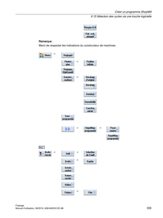 Remarque :
Merci de respecter les indications du constructeur de machines.
⇒
⇒
⇒
⇒ ⇒
⇒ ⇒
⇒
⇒
Créer un programme ShopMill
9.15 Sélection des cycles via une touche logicielle
Fraisage
Manuel d'utilisation, 06/2019, A5E44903512D AB 359
 