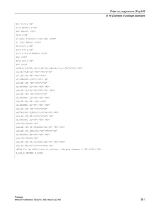 X15 Y135 ;*GP*
Y155 RND=10 ;*GP*
X60 RND=15 ;*GP*
Y135 ;*GP*
G3 X110 I=AC(85) J=AC(135) ;*GP*
G1 Y155 RND=15 ;*GP*
X143.162 ;*GP*
X165 Y95 ;*GP*
X155 Y77.679 RND=28 ;*GP*
Y40 ;*GP*
X140 Y25 ;*GP*
X90 ;*GP*
;CON,0,0.0000,14,14,MST:0,0,AX:X,Y,I,J;*GP*;*RO*;*HD*
;S,EX:90,EY:25;*GP*;*RO*;*HD*
;LL,EX:25;*GP*;*RO*;*HD*
;F,LFASE:15;*GP*;*RO*;*HD*
;LU,EY:115;*GP*;*RO*;*HD*
;R,RROUND:20;*GP*;*RO*;*HD*
;LA,EX:15,EY:135;*GP*;*RO*;*HD*
;LU,EY:155;*GP*;*RO*;*HD*
;R,RROUND:10;*GP*;*RO*;*HD*
;LR,EX:60;*GP*;*RO*;*HD*
;R,RROUND:15;*GP*;*RO*;*HD*
;LD,EY:135;*GP*;*RO*;*HD*
;ACCW,EX:110,RAD:25;*GP*;*RO*;*HD*
;LU,EY:155,AT:0;*GP*;*RO*;*HD*
;R,RROUND:15;*GP*;*RO*;*HD*
;LR;*GP*;*RO*;*HD*
;LA,EX:165,EY:95,ASE:290;*GP*;*RO*;*HD*
;LA,EX:155,ASE:240;*GP*;*RO*;*HD*
;R,RROUND:28;*GP*;*RO*;*HD*
;LD;*GP*;*RO*;*HD*
;LA,EX:140,EY:25,ASE:225;*GP*;*RO*;*HD*
;LA,EX:90,EY:25;*GP*;*RO*;*HD*
;#End Fin de définition du contour - Ne pas changer !;*GP*;*RO*;*HD*
E_LAB_E_PARTIE_4_ILOT:
Créer un programme ShopMill
9.18 Exemple d'usinage standard
Fraisage
Manuel d'utilisation, 06/2019, A5E44903512D AB 381
 