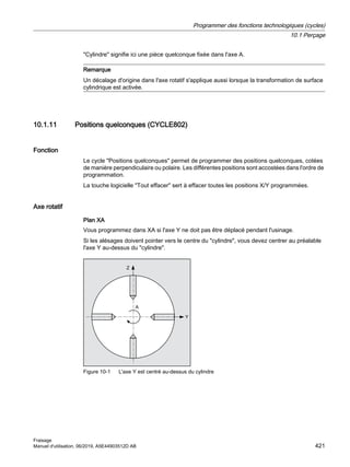 Cylindre signifie ici une pièce quelconque fixée dans l'axe A.
Remarque
Un décalage d'origine dans l'axe rotatif s'applique aussi lorsque la transformation de surface
cylindrique est activée.
10.1.11 Positions quelconques (CYCLE802)
Fonction
Le cycle Positions quelconques permet de programmer des positions quelconques, cotées
de manière perpendiculaire ou polaire. Les différentes positions sont accostées dans l'ordre de
programmation.
La touche logicielle Tout effacer sert à effacer toutes les positions X/Y programmées.
Axe rotatif
Plan XA
Vous programmez dans XA si l'axe Y ne doit pas être déplacé pendant l'usinage.
Si les alésages doivent pointer vers le centre du cylindre, vous devez centrer au préalable
l'axe Y au-dessus du cylindre.
$

=
Figure 10-1 L'axe Y est centré au-dessus du cylindre
Programmer des fonctions technologiques (cycles)
10.1 Perçage
Fraisage
Manuel d'utilisation, 06/2019, A5E44903512D AB 421
 