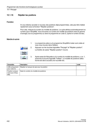 10.1.16 Répéter les positions
Fonction
Si vous désirez accoster à nouveau des positions déjà programmées, cela peut être réalisé
rapidement avec la fonction Répéter positions.
Pour cela, indiquez le numéro du modèle de positions. Le cycle attribue automatiquement ce
numéro (pour ShopMill). Vous trouverez ce numéro de modèle de positions dans la gamme
d'usinage (vue du programme) ou dans le programme en code G, après le numéro de bloc.
Marche à suivre
1. Le programme pièce ou le programme ShopMill à traiter sont créés et
vous vous trouvez dans l'éditeur.
2. Appuyez sur les touches logicielles Perçage et Répéter position.
La fenêtre de saisie Répéter position s'ouvre.
3. Après saisie de l'étiquette ou du numéro du modèle de positions, p. ex. 1,
actionnez la touche logicielle Valider. Le modèle de positions sélec‐
tionné est alors accosté une nouvelle fois.
Paramètre Description Unité
LAB (uniquement
pour code G)
Répéter la marque de saut pour la position
Position (unique‐
ment pour Shop‐
Mill)
Saisir le numéro du modèle de positions
Programmer des fonctions technologiques (cycles)
10.1 Perçage
Fraisage
432 Manuel d'utilisation, 06/2019, A5E44903512D AB
 