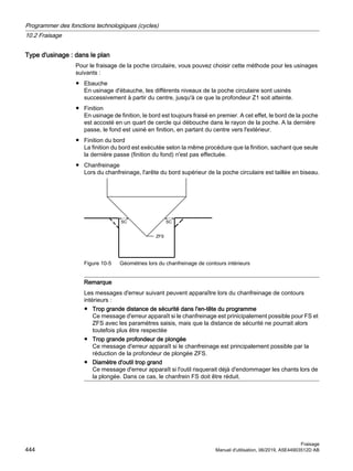 Type d'usinage : dans le plan
Pour le fraisage de la poche circulaire, vous pouvez choisir cette méthode pour les usinages
suivants :
● Ebauche
En usinage d'ébauche, les différents niveaux de la poche circulaire sont usinés
successivement à partir du centre, jusqu'à ce que la profondeur Z1 soit atteinte.
● Finition
En usinage de finition, le bord est toujours fraisé en premier. A cet effet, le bord de la poche
est accosté en un quart de cercle qui débouche dans le rayon de la poche. A la dernière
passe, le fond est usiné en finition, en partant du centre vers l'extérieur.
● Finition du bord
La finition du bord est exécutée selon la même procédure que la finition, sachant que seule
la dernière passe (finition du fond) n'est pas effectuée.
● Chanfreinage
Lors du chanfreinage, l'arête du bord supérieur de la poche circulaire est taillée en biseau.
6
6
=)6
Figure 10-5 Géométries lors du chanfreinage de contours intérieurs
Remarque
Les messages d'erreur suivant peuvent apparaître lors du chanfreinage de contours
intérieurs :
● Trop grande distance de sécurité dans l'en-tête du programme
Ce message d'erreur apparaît si le chanfreinage est prinicipalement possible pour FS et
ZFS avec les paramètres saisis, mais que la distance de sécurité ne pourrait alors
toutefois plus être respectée
● Trop grande profondeur de plongée
Ce message d'erreur apparaît si le chanfreinage est principalement possible par la
réduction de la profondeur de plongée ZFS.
● Diamètre d'outil trop grand
Ce message d'erreur apparaît si l'outil risquerait déjà d'endommager les chants lors de
la plongée. Dans ce cas, le chanfrein FS doit être réduit.
Programmer des fonctions technologiques (cycles)
10.2 Fraisage
Fraisage
444 Manuel d'utilisation, 06/2019, A5E44903512D AB
 