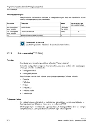 Paramètres masqués
Les paramètres suivants sont masqués. Ils sont prérenseignés avec des valeurs fixes ou des
valeurs dérivées des données de réglage.
Paramètre Description Valeur Réglable dans les
données de réglage
PL (uniquement
pour code G)
Plan d'usinage Défini dans
PM 52005
SC (uniquement
pour code G)
Distance de sécurité 1 mm x
α0 Angle de rotation / angle de départ 0°
Constructeur de machine
Veuillez respecter les indications du constructeur de machine.
10.2.9 Rainure ouverte (CYCLE899)
Fonction
Pour évider une rainure borgne, utilisez la fonction Rainure borgne.
Suivant la configuration de la pièce et de la machine, vous avez le choix entre les stratégies
d'usinage suivantes pour l'ébauche :
● Fraisage en hélice
● Fraisage en plongée
Pour l'usinage complet de la rainure, vous disposez des types d'usinage suivants :
● Ebauche
● Préfinition
● Finition
● Finition fond
● Finition du bord
● Chanfreinage
Fraisage en hélice
Ce mode d'usinage est employé en particulier sur les matériaux trempés pour l'ébauche et
l'usinage du contour à l'aide de fraises avec un revêtement VHM.
Stratégie privilégiée pour l'ébauche à grande vitesse, le fraisage en hélice évite une plongée
complète de l'outil. Le respect du chevauchement réglé est ainsi garanti.
Programmer des fonctions technologiques (cycles)
10.2 Fraisage
Fraisage
476 Manuel d'utilisation, 06/2019, A5E44903512D AB
 