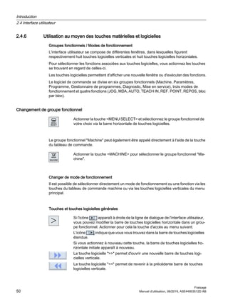 2.4.6 Utilisation au moyen des touches matérielles et logicielles
Groupes fonctionnels / Modes de fonctionnement
L'interface utilisateur se compose de différentes fenêtres, dans lesquelles figurent
respectivement huit touches logicielles verticales et huit touches logicielles horizontales.
Pour sélectionner les fonctions associées aux touches logicielles, vous actionnez les touches
se trouvant en regard de celles-ci.
Les touches logicielles permettent d'afficher une nouvelle fenêtre ou d'exécuter des fonctions.
Le logiciel de commande se divise en six groupes fonctionnels (Machine, Paramètres,
Programme, Gestionnaire de programmes, Diagnostic, Mise en service), trois modes de
fonctionnement et quatre fonctions (JOG, MDA, AUTO, TEACH IN, REF. POINT, REPOS, bloc
par bloc).
Changement de groupe fonctionnel
Actionner la touche MENU SELECT et sélectionnez le groupe fonctionnel de
votre choix via la barre horizontale de touches logicielles.
Le groupe fonctionnel Machine peut également être appelé directement à l'aide de la touche
du tableau de commande.
Actionner la touche MACHINE pour sélectionner le groupe fonctionnel Ma‐
chine.
Changer de mode de fonctionnement
Il est possible de sélectionner directement un mode de fonctionnement ou une fonction via les
touches du tableau de commande machine ou via les touches logicielles verticales du menu
principal.
Touches et touches logicielles générales
Si l'icône apparaît à droite de la ligne de dialogue de l'interface utilisateur,
vous pouvez modifier la barre de touches logicielles horizontale dans un grou‐
pe fonctionnel. Actionner pour cela la touche d'accès au menu suivant.
L'icône indique que vous vous trouvez dans la barre de touches logicielles
étendue.
Si vous actionnez à nouveau cette touche, la barre de touches logicielles ho‐
rizontale initiale apparaît à nouveau.
La touche logicielle  permet d'ouvrir une nouvelle barre de touches logi‐
cielles verticale.
La touche logicielle  permet de revenir à la précédente barre de touches
logicielles verticale.
Introduction
2.4 Interface utilisateur
Fraisage
50 Manuel d'utilisation, 06/2019, A5E44903512D AB
 