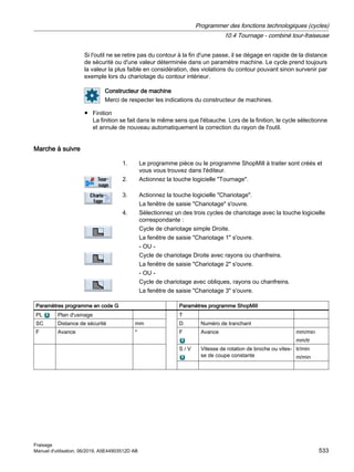 Si l'outil ne se retire pas du contour à la fin d'une passe, il se dégage en rapide de la distance
de sécurité ou d'une valeur déterminée dans un paramètre machine. Le cycle prend toujours
la valeur la plus faible en considération, des violations du contour pouvant sinon survenir par
exemple lors du chariotage du contour intérieur.
Constructeur de machine
Merci de respecter les indications du constructeur de machines.
● Finition
La finition se fait dans le même sens que l'ébauche. Lors de la finition, le cycle sélectionne
et annule de nouveau automatiquement la correction du rayon de l'outil.
Marche à suivre
1. Le programme pièce ou le programme ShopMill à traiter sont créés et
vous vous trouvez dans l'éditeur.
2. Actionnez la touche logicielle Tournage.
3. Actionnez la touche logicielle Chariotage.
La fenêtre de saisie Chariotage s'ouvre.
4. Sélectionnez un des trois cycles de chariotage avec la touche logicielle
correspondante :
Cycle de chariotage simple Droite.
La fenêtre de saisie Chariotage 1 s'ouvre.
- OU -
Cycle de chariotage Droite avec rayons ou chanfreins.
La fenêtre de saisie Chariotage 2 s'ouvre.
- OU -
Cycle de chariotage avec obliques, rayons ou chanfreins.
La fenêtre de saisie Chariotage 3 s'ouvre.
Paramètres programme en code G Paramètres programme ShopMill
PL Plan d'usinage T
SC Distance de sécurité mm D Numéro de tranchant
F Avance * F Avance mm/min
mm/tr
S / V Vitesse de rotation de broche ou vites‐
se de coupe constante
tr/min
m/min
Programmer des fonctions technologiques (cycles)
10.4 Tournage - combiné tour-fraiseuse
Fraisage
Manuel d'utilisation, 06/2019, A5E44903512D AB 533
 