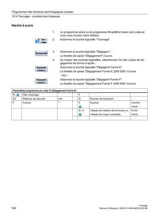 Marche à suivre
1. Le programme pièce ou le programme ShopMill à traiter sont créés et
vous vous trouvez dans l'éditeur.
2. Actionnez la touche logicielle Tournage.
3. Actionnez la touche logicielle Dégagem..
La fenêtre de saisie Dégagement s'ouvre.
4. Au moyen des touches logicielles, sélectionnez l'un des cycles de dé‐
gagement de forme ci-après :
Actionnez la touche logicielle Dégagemt Forme E.
La fenêtre de saisie Dégagement Forme E (DIN 509) s'ouvre
- OU -
Actionnez la touche logicielle Dégagemt Forme F.
La fenêtre de saisie Dégagement Forme F (DIN 509) s'ouvre
Paramètres programme en code G (Dégagement forme E)
PL Plan d'usinage T
SC Distance de sécurité mm D Numéro de tranchant
F Avance * F Avance mm/min
mm/tr
S / V Vitesse de rotation de la broche ou
Vitesse de coupe constante
tr/min
m/min
Programmer des fonctions technologiques (cycles)
10.4 Tournage - combiné tour-fraiseuse
Fraisage
542 Manuel d'utilisation, 06/2019, A5E44903512D AB
 