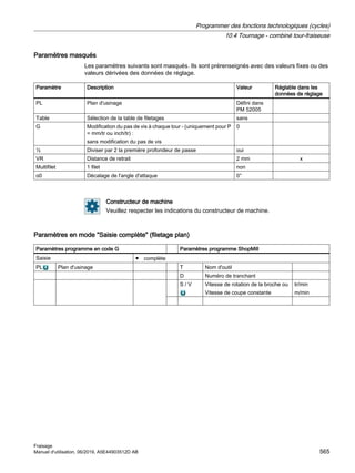 Paramètres masqués
Les paramètres suivants sont masqués. Ils sont prérenseignés avec des valeurs fixes ou des
valeurs dérivées des données de réglage.
Paramètre Description Valeur Réglable dans les
données de réglage
PL Plan d'usinage Défini dans
PM 52005
Table Sélection de la table de filetages sans
G Modification du pas de vis à chaque tour - (uniquement pour P
= mm/tr ou inch/tr) :
sans modification du pas de vis
0
½ Diviser par 2 la première profondeur de passe oui
VR Distance de retrait 2 mm x
Multifilet 1 filet non
α0 Décalage de l'angle d'attaque 0°
Constructeur de machine
Veuillez respecter les indications du constructeur de machine.
Paramètres en mode Saisie complète (filetage plan)
Paramètres programme en code G Paramètres programme ShopMill
Saisie ● complète
PL Plan d'usinage T Nom d'outil
D Numéro de tranchant
S / V Vitesse de rotation de la broche ou
Vitesse de coupe constante
tr/min
m/min
Programmer des fonctions technologiques (cycles)
10.4 Tournage - combiné tour-fraiseuse
Fraisage
Manuel d'utilisation, 06/2019, A5E44903512D AB 565
 