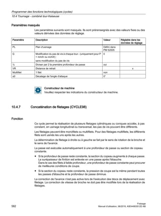 Paramètres masqués
Les paramètres suivants sont masqués. Ils sont prérenseignés avec des valeurs fixes ou des
valeurs dérivées des données de réglage.
Paramètre Description Valeur Réglable dans les
données de réglage
PL Plan d'usinage Défini dans
PM 52005
G Modification du pas de vis à chaque tour - (uniquement pour P
= mm/tr ou inch/tr) :
sans modification du pas de vis
0
½ Diviser par 2 la première profondeur de passe oui
VR Distance de retrait x
Multifilet 1 filet non
α0 Décalage de l'angle d'attaque 0°
Constructeur de machine
Veuillez respecter les indications du constructeur de machine.
10.4.7 Concaténation de filetages (CYCLE98)
Fonction
Ce cycle permet la réalisation de plusieurs filetages cylindriques ou coniques accolés, à pas
constant, en usinage longitudinal ou transversal, les pas de vis pouvant être différents.
Les filetages peuvent être monofilets ou multifilets. Pour des filetages multifilets, les différents
filets sont usinés les uns après les autres.
La détermination de filetage à droite ou à gauche se fait par le sens de rotation de la broche et
le sens de l'avance.
La passe est exécutée automatiquement à une profondeur de passe ou section de copeau
constante.
● Si la profondeur de passe reste constante, la section du copeau augmente à chaque passe.
La surépaisseur de finition est enlevée en une passe après l'ébauche.
Dans le cas des filets à faible profondeur, une profondeur de passe constante peut procurer
de meilleures conditions de coupe.
● Si la section du copeau reste constante, la pression de coupe est la même pendant toutes
les passes d'ébauche et la profondeur de passe diminue.
La correction de l'avance n'est pas active lors de l'exécution des blocs de déplacement avec
filetage. La correction de vitesse de broche ne doit pas être modifiée lors de la réalisation de
filetages.
Programmer des fonctions technologiques (cycles)
10.4 Tournage - combiné tour-fraiseuse
Fraisage
582 Manuel d'utilisation, 06/2019, A5E44903512D AB
 