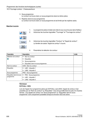 3. Sous-programme
Le contour se trouve dans un sous-programme dans la même pièce.
4. Repères dans le sous-programme
Le contour se trouve dans un sous-programme et est limité par les repères saisis.
Marche à suivre
1. Le programme pièce à traiter est créé et vous vous trouvez dans l'éditeur.
2. Actionnez les touches logicielles Tournage et Tournage de contour.
3. Actionnez les touches logicielles Contour et Appel de contour.
La fenêtre de saisie Appel de contour s'ouvre.
4. Paramétrez la sélection de contour.
Paramètre Description Unité
Sélection de contour ● Nom du contour
● Etiquettes
● Sous-programme
● Etiquettes dans le sous-programme
Nom du contour CON : Nom du contour
Etiquettes ● LAB1 : étiquette 1
● LAB2 : étiquette 2
Sous-programme PRG : Sous-programme
Etiquettes dans le sous-
programme
● PRG : Sous-programme
● LAB1 : étiquette 1
● LAB2 : étiquette 2
Remarque
EXTCALL / EES
Lors de l'appel d'un programme pièce par EXTCALL sans EES, l'appel de contour n'est
possible que via Nom du contour ou Etiquettes. Ceci est surveillé dans le cycle. En d'autres
termes : Les appels de contour via Sous-programme ou Étiquettes dans le sous-
programme sont uniquement possibles lorsque la fonction EES est active.
Programmer des fonctions technologiques (cycles)
10.5 Tournage contour - Fraiseuses/tours
Fraisage
608 Manuel d'utilisation, 06/2019, A5E44903512D AB
 