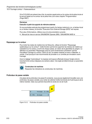 Si le CYCLE62 est présent deux fois, le premier appel porte sur le contour de la pièce brute et
le second appel sur le contour de la pièce finie (voir aussi chapitre Programmation
(Page 596)).
Remarque
Exécution à partir de supports de mémoire externes
Si vous souhaitez exécuter les programmes à partir d'un lecteur externe (p. ex. un lecteur local
ou un lecteur réseau), la fonction Execution from External Storage (EES) est requise.
Pour plus d'informations, référez-vous à la documentation suivante :
● Manuel de mise en service SINUMERIK Operate (IM9) / SINUMERIK 840D sl
Repassage sur le contour
Pour éviter les restes de matière lors de l'ébauche, utilisez la fonction Repassage
systématique sur le contour. Cette fonction permet de supprimer les résidus de matière qui
subsistent sur le contour, à la fin de chaque passe, en raison de la géométrie du peigne. La
définition du paramètre Repassage jusqu'au point d'intersection précédent permet
d'accélérer l'usinage du contour. Dans ce cas, la matière restante ne sera ni détectée, ni
usinée. C'est pourquoi il est recommandé de procéder à un contrôle par simulation avant
l'usinage.
Avec le réglage automatique, la repasse est toujours effectuée lorsque l'angle entre le
tranchant et le contour dépasse une certaine valeur. Cet angle est déterminé par un paramètre
machine.
Constructeur de machines
Respecter les indications du constructeur de machines.
Profondeur de passe variable
A la place de la profondeur de passe D constante, vous pouvez également travailler avec une
profondeur de passe variable, pour éviter de solliciter l'arête tranchante de l'outil toujours de la
même manière. Cela vous permet d'accroître la durée de vie de l'outil.
UHFRXSH
HFRXSH
' '
' '
Figure 10-12 Profondeur de passe variable
Programmer des fonctions technologiques (cycles)
10.5 Tournage contour - Fraiseuses/tours
Fraisage
610 Manuel d'utilisation, 06/2019, A5E44903512D AB
 