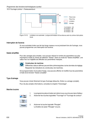 UHOLPLWDWLRQb;$
HOLPLWDWLRQb;%
HOLPLWDWLRQb=$
HOLPLWDWLRQb=%
3LªFHEUXWH
3LªFHILQLH
/LPLWDWLRQ
8VLQDJH
=%
;%
=$
;$
Figure 10-16 Limitation non autorisée : La ligne de limitation XA se situe au sein du contour de la pièce
brute
Interruption de l'avance
Si vous souhaitez éviter que de trop longs copeaux ne se produisent lors de l'usinage, vous
pouvez programmer une interruption de l'avance.
Saisie simplifiée
Pour des usinages plus simples, vous pouvez réduire le nombre de paramètres aux plus
importants à l'aide du champ de sélection Saisie. Dans ce mode de Saisie simplifiée, une
valeur fixe non réglable est affectée aux paramètres masqués.
Constructeur de machines
Différentes valeurs définies peuvent être prérenseignées via les données de réglage.
Respecter les indications du constructeur de machines.
Si la programmation d'une pièce l'exige, vous pouvez afficher et modifier tous les paramètres
à l'aide de la fonction Saisie complète.
Type d'usinage
Vous pouvez choisir librement le type d'usinage (ébauche, finition ou usinage complet).
Pour de plus amples informations, consultez le chapitre Chariotage.
Marche à suivre
1. Le programme pièce à traiter est créé et vous vous trouvez dans l'éditeur.
2. Actionner les touches logicielles Tournage et Tournage de contour.
3. Actionner la touche logicielle Plongée.
La fenêtre de saisie Plongée s'ouvre.
Programmer des fonctions technologiques (cycles)
10.5 Tournage contour - Fraiseuses/tours
Fraisage
630 Manuel d'utilisation, 06/2019, A5E44903512D AB
 