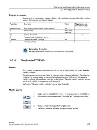 Paramètres masqués
Les paramètres suivants sont masqués. Ils sont prérenseignés avec des valeurs fixes ou des
valeurs dérivées des données de réglage.
Paramètre Description Valeur Réglable dans les
données de réglage
Matière restante Sans usinage consécutif de la matière restante non
PL Plan d'usinage Défini dans
PM 52005
SC Distance de sécurité x
DI Passe continue - (uniquement pour ∇) 0
Limitation Limitation de la zone d'usinage non
N Nombre de gorges 1
Constructeur de machine
Veuillez respecter les indications du constructeur de machine.
10.5.10 Plongée reste (CYCLE952)
Fonction
Pour enlever la matière subsistant après l'opération de plongée, utilisez la fonction Plongée,
matière restante.
Dans le cas d'un programme en code G, sélectionnez au préalable la fonction Plongée mat.
restante. La matière restée en place du fait de la surépaisseur de finition n'est pas de la
matière restante, telle qu'elle est entendue ici. La fonction Plongée, matière restante permet
d'enlever la matière en trop avec un outil approprié.
La fonction Plongée, matière restante est une option logicielle.
Marche à suivre
1. Le programme pièce à traiter est créé et vous vous trouvez dans l'éditeur.
2. Actionner les touches logicielles Tournage et Tournage de contour.
3. Actionner la touche logicielle Plongée reste.
La fenêtre de saisie Plongée, matière restante s'ouvre.
Programmer des fonctions technologiques (cycles)
10.5 Tournage contour - Fraiseuses/tours
Fraisage
Manuel d'utilisation, 06/2019, A5E44903512D AB 639
 