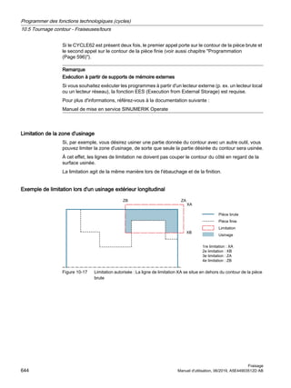 Si le CYCLE62 est présent deux fois, le premier appel porte sur le contour de la pièce brute et
le second appel sur le contour de la pièce finie (voir aussi chapitre Programmation
(Page 596)).
Remarque
Exécution à partir de supports de mémoire externes
Si vous souhaitez exécuter les programmes à partir d'un lecteur externe (p. ex. un lecteur local
ou un lecteur réseau), la fonction EES (Execution from External Storage) est requise.
Pour plus d'informations, référez-vous à la documentation suivante :
Manuel de mise en service SINUMERIK Operate
Limitation de la zone d'usinage
Si, par exemple, vous désirez usiner une partie donnée du contour avec un autre outil, vous
pouvez limiter la zone d'usinage, de sorte que seule la partie désirée du contour sera usinée.
À cet effet, les lignes de limitation ne doivent pas couper le contour du côté en regard de la
surface usinée.
La limitation agit de la même manière lors de l'ébauchage et de la finition.
Exemple de limitation lors d'un usinage extérieur longitudinal
UHOLPLWDWLRQb;$
HOLPLWDWLRQb;%
HOLPLWDWLRQb=$
HOLPLWDWLRQb=%
3LªFHEUXWH
3LªFHILQLH
/LPLWDWLRQ
8VLQDJH
=%
;%
=$
;$
Figure 10-17 Limitation autorisée : La ligne de limitation XA se situe en dehors du contour de la pièce
brute
Programmer des fonctions technologiques (cycles)
10.5 Tournage contour - Fraiseuses/tours
Fraisage
644 Manuel d'utilisation, 06/2019, A5E44903512D AB
 